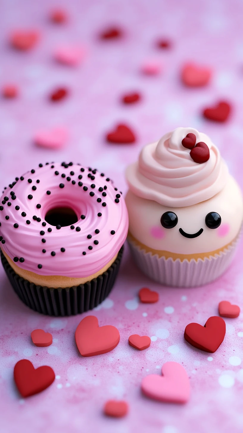 Lindo donut y cupcake sobre fondo pastel lleno de corazones