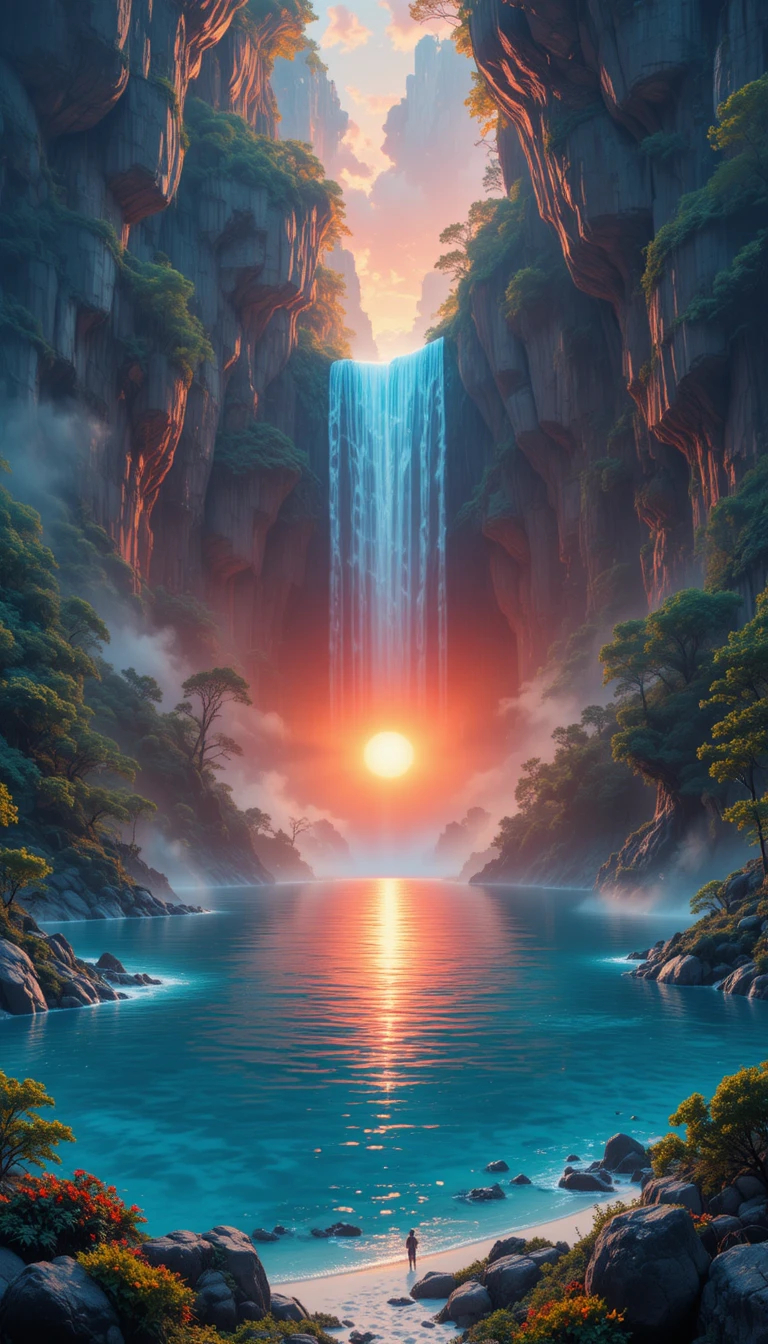 Surreal waterfall lake at sunset in a fantasy landscape