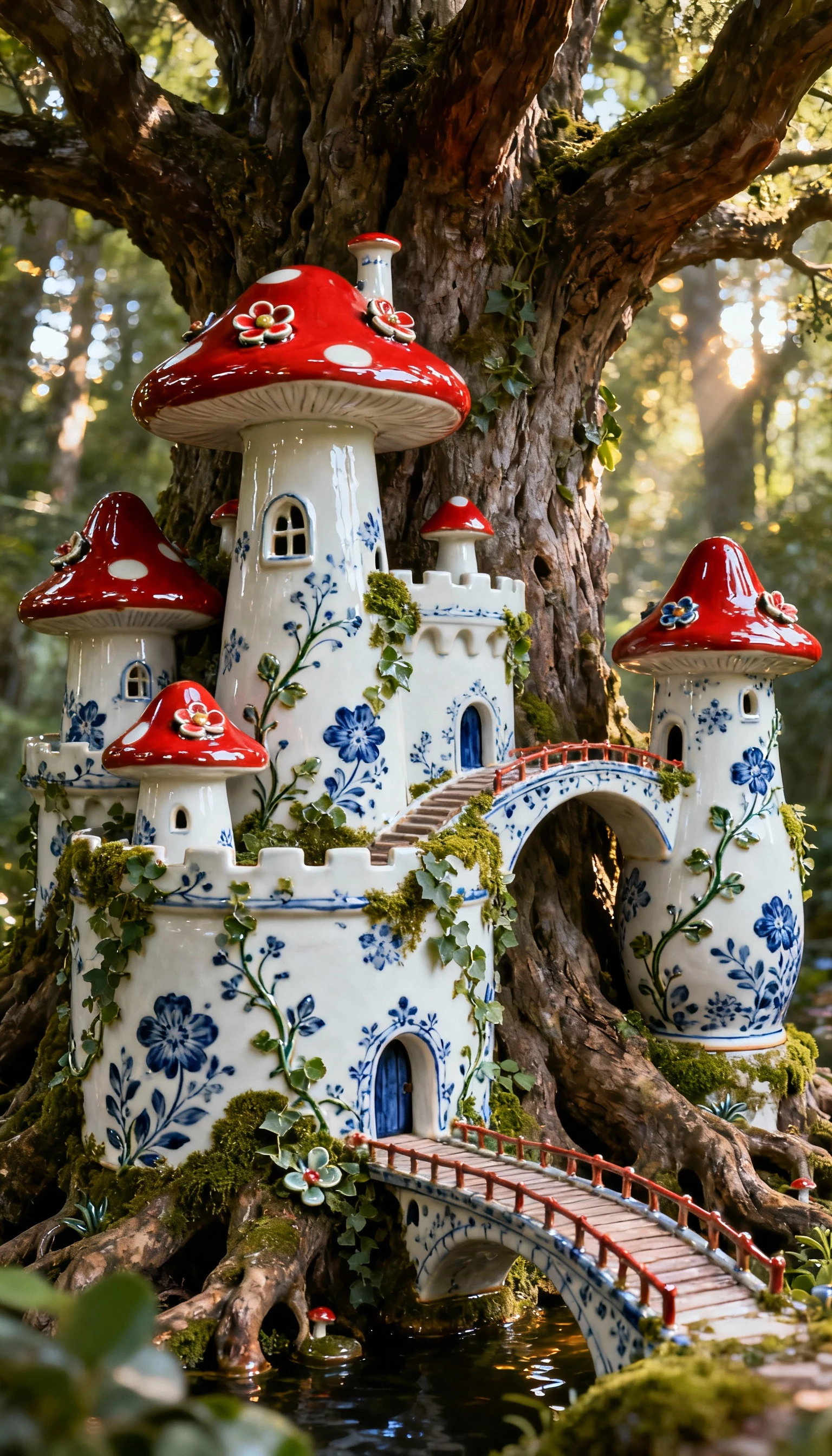Castello Fantastico di Porcellana che Cresce da un Albero Antico