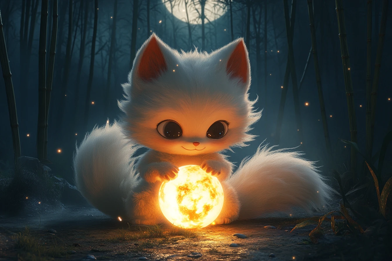 Süßes Baby-Kitsune mit einer leuchtenden Fuchsfeuer-Kugel