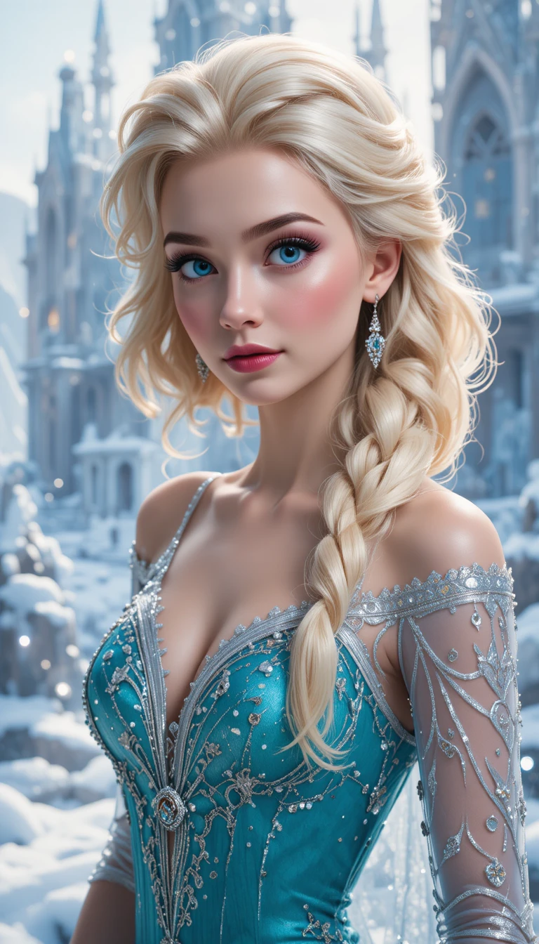 Glamorous ice princess before a grand frozen palace