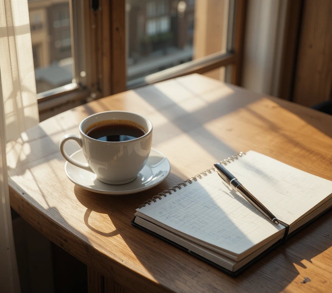Taza de café matutino en la mesa con cuaderno y bolígrafo