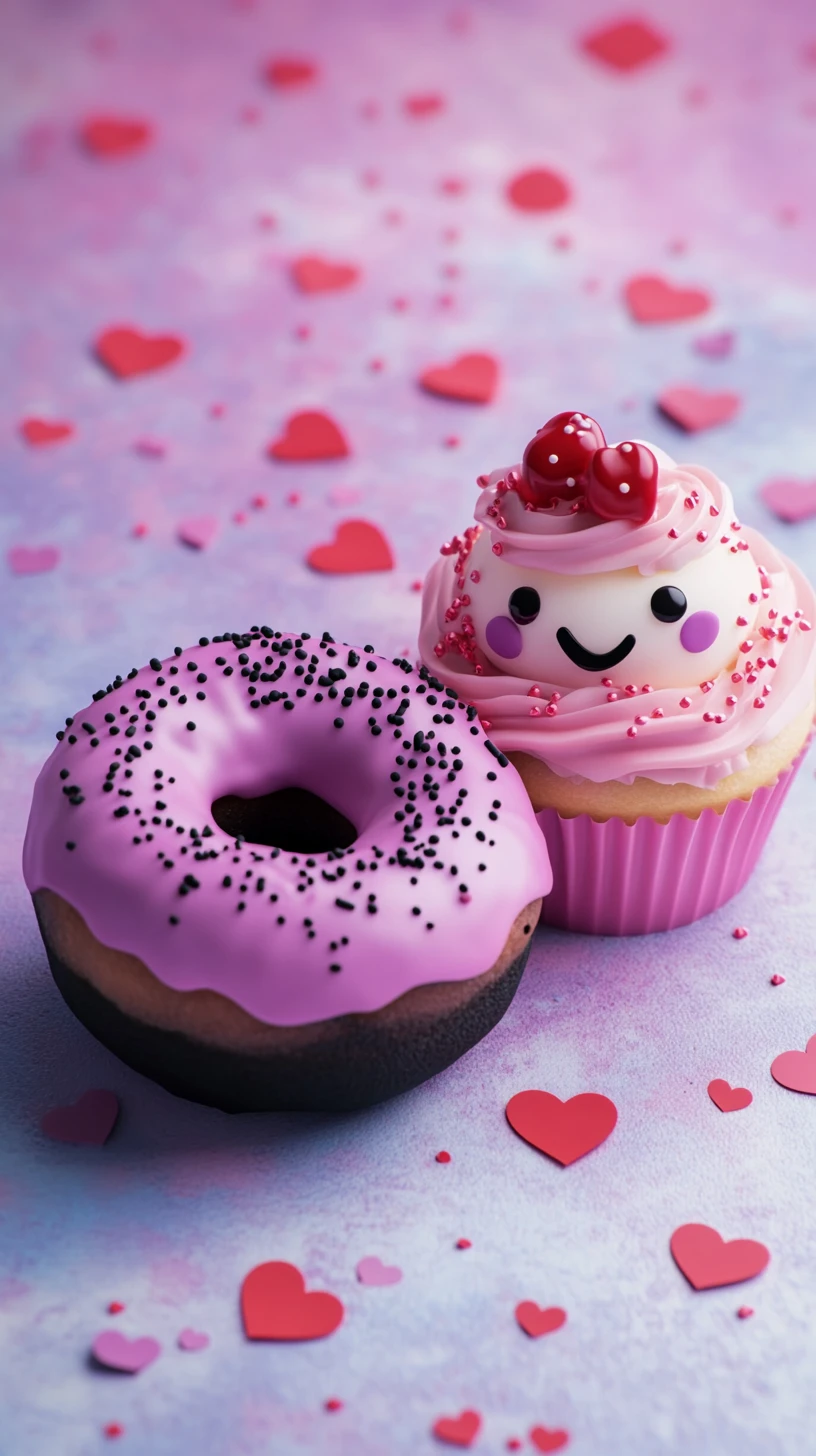Tiernos personajes de dona y cupcake sobre fondo pastel con corazones