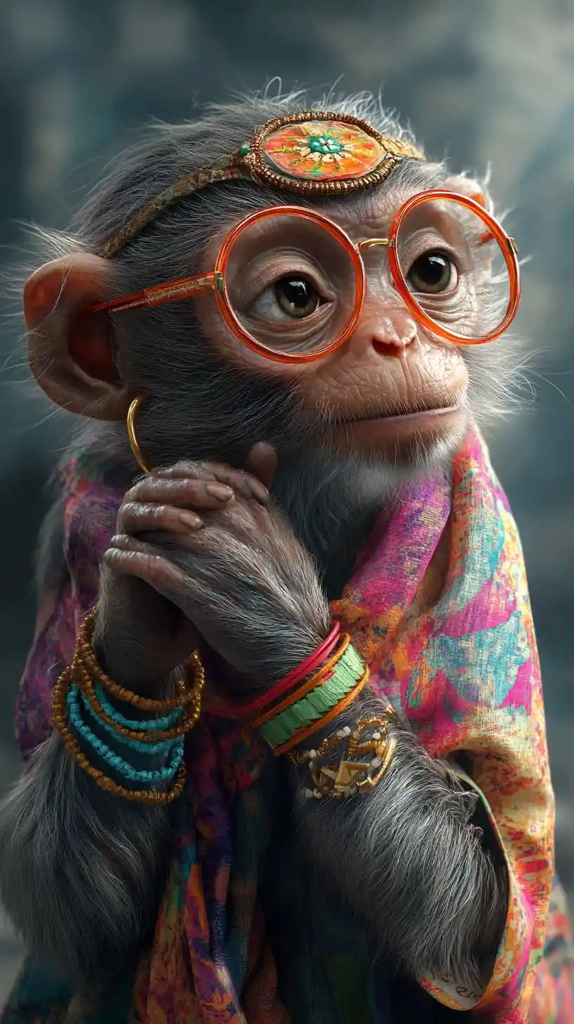 Stylish gray monkey portrait with colorful bohemian accessories