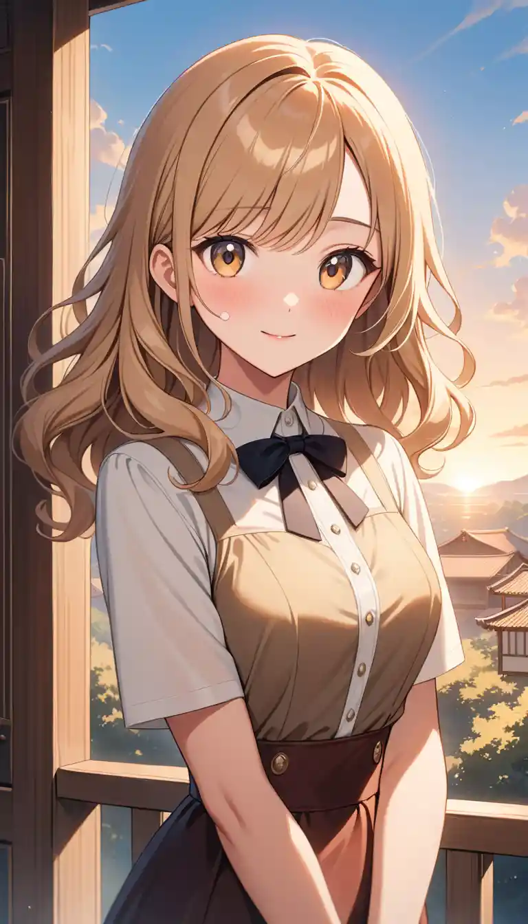Shy anime girl at dawn with warm golden sunlight
