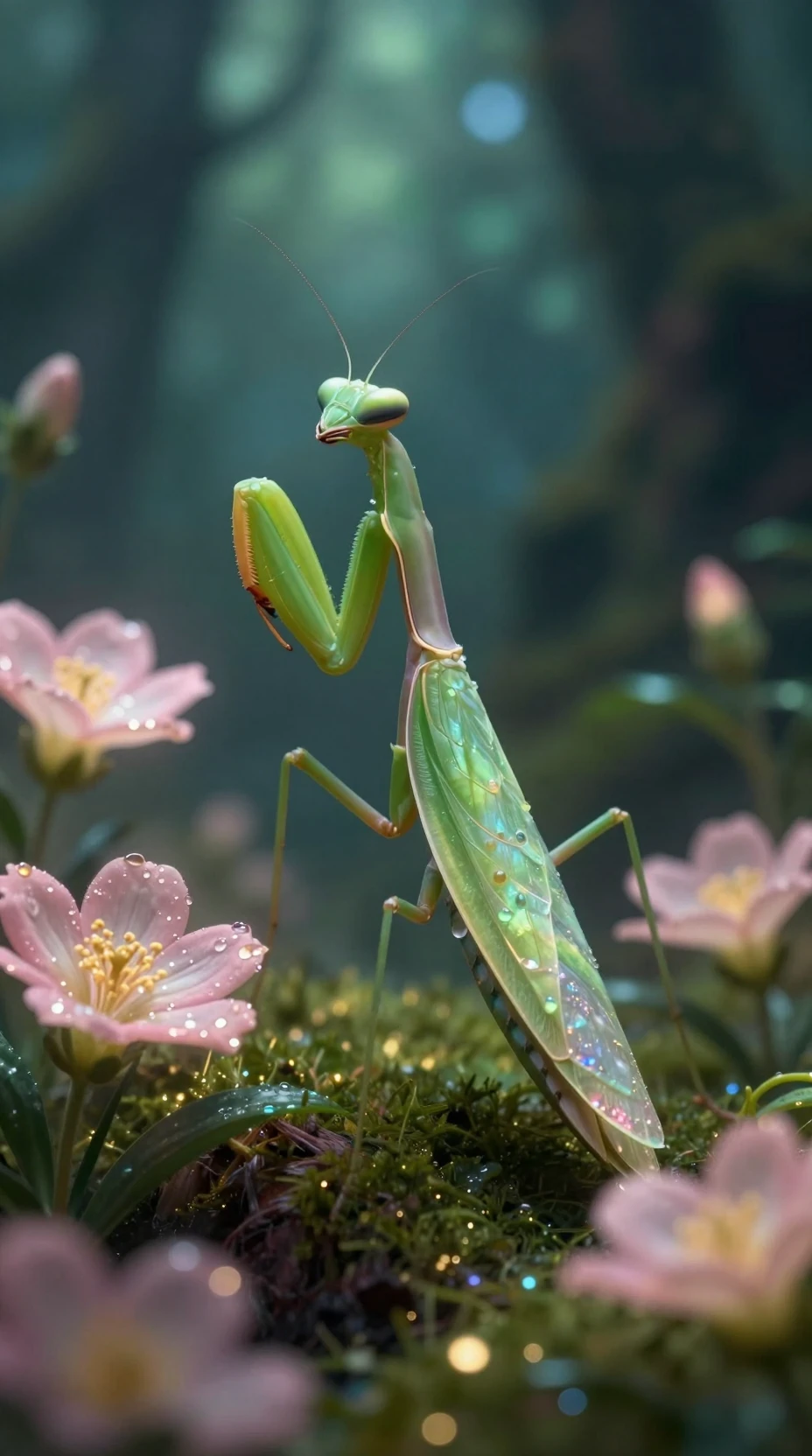Mystical mantis guardian in an enchanted glowing forest