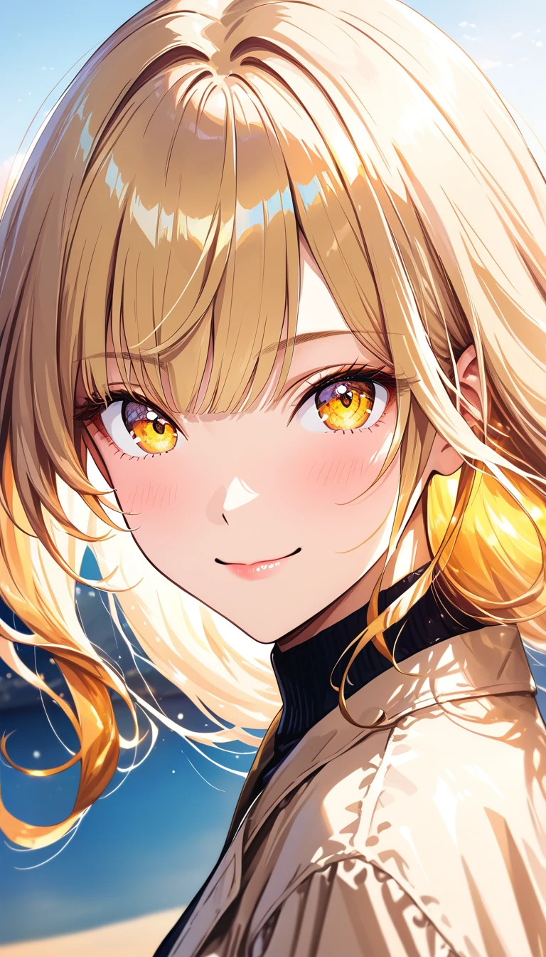 Hombre juguetón de ojos dorados en retrato de anime al amanecer