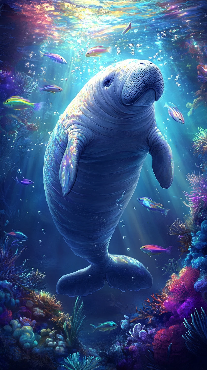 Dreamy manatee with rainbow fish in a glowing reef