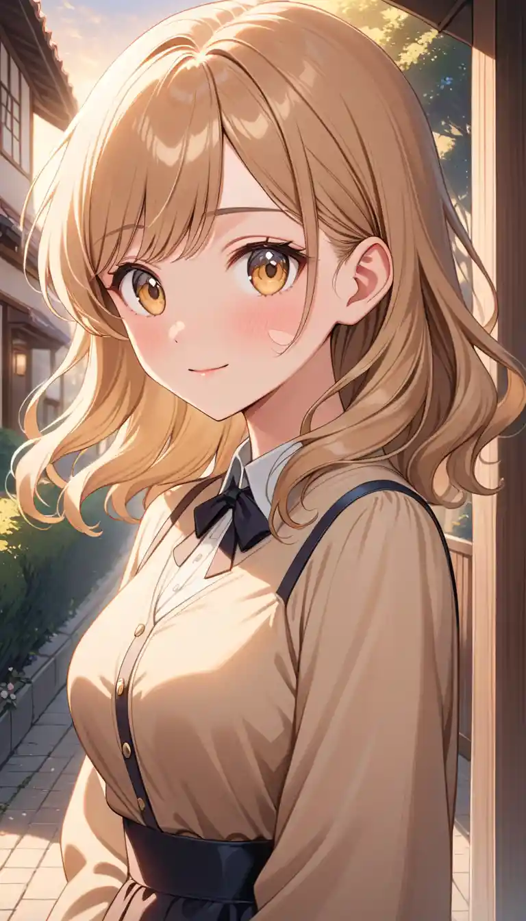Shy anime woman at dawn with gentle warm smile