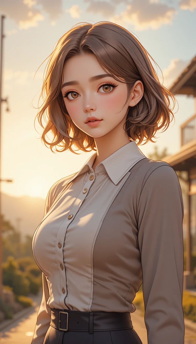 Shy anime girl at dawn with warm hazel eyes