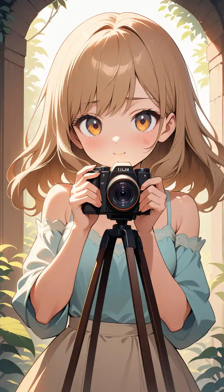 Shy anime girl at dawn with warm sunlight