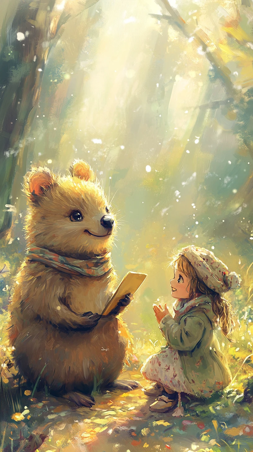 Garota e quokka em uma serena paisagem de fantasia em tons pastéis