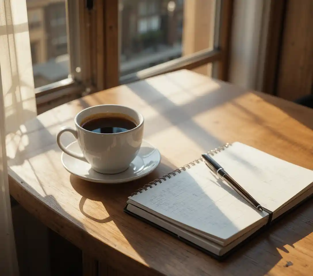 Morning coffee cup on table with notebook and pen