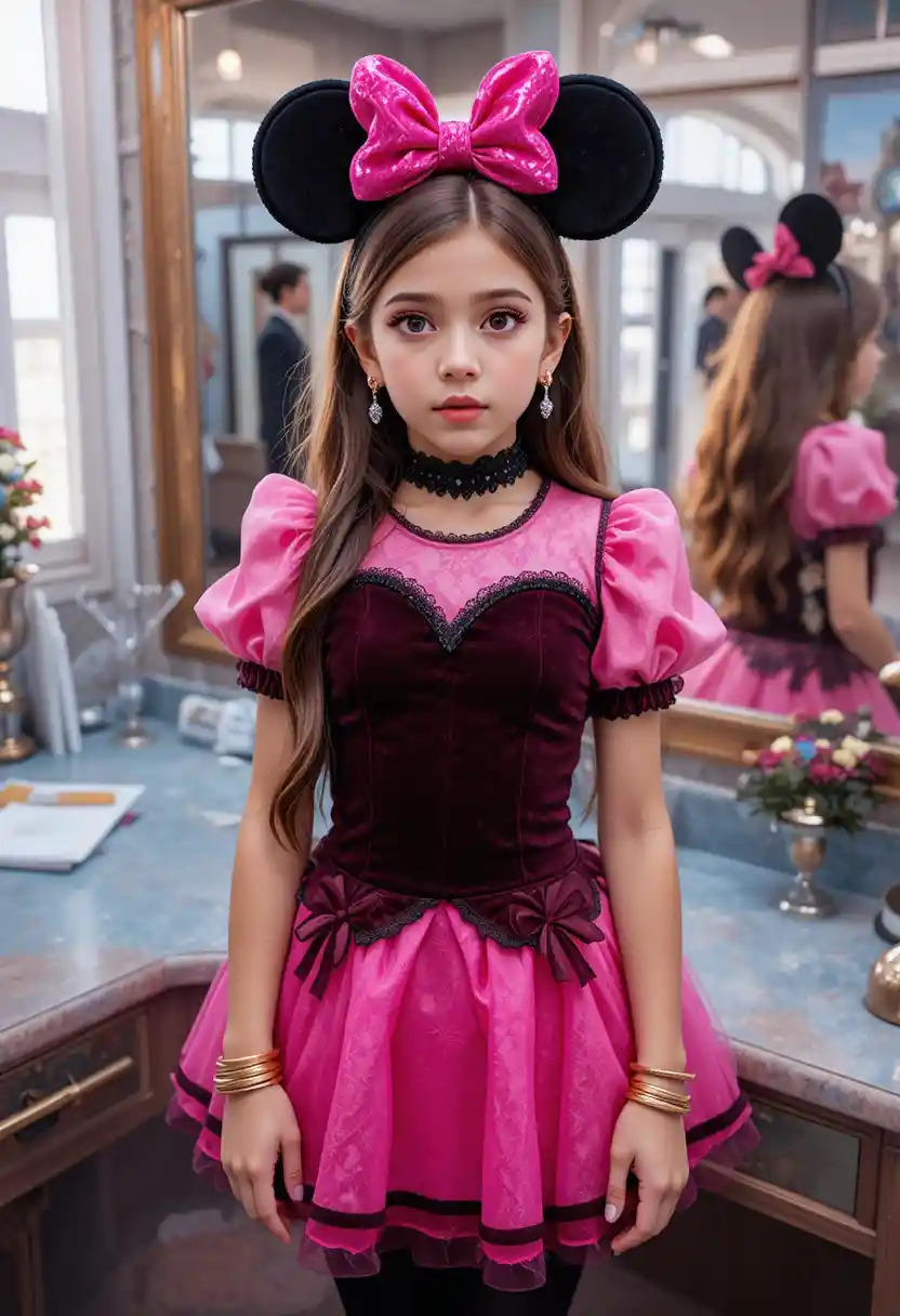 Niño preadolescente nervioso con vestido rosa de Minnie en tocador de boutique