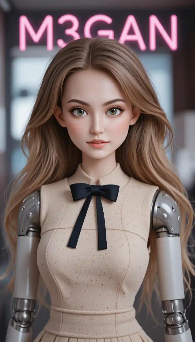 Lebensechte blonde Puppe mit Roboterarmen und Neon-Titel