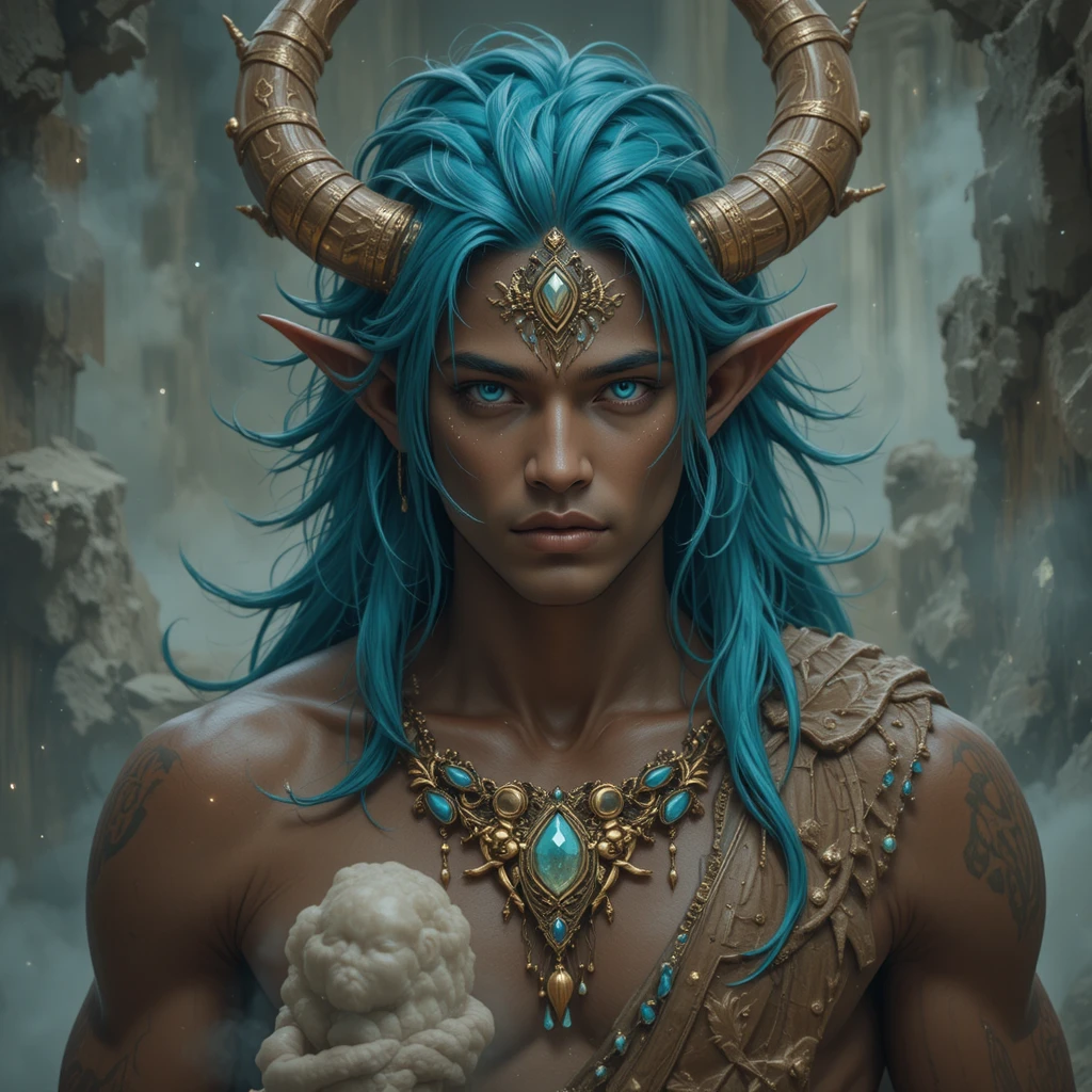 Fantasy god of sleep with dark turquoise eyes and hair