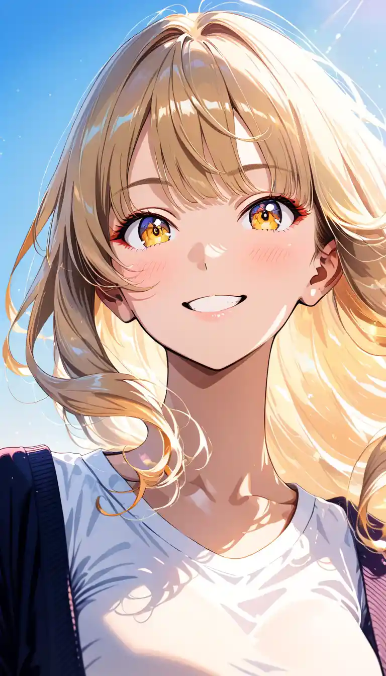 Playful golden eyed man in sunrise anime portrait