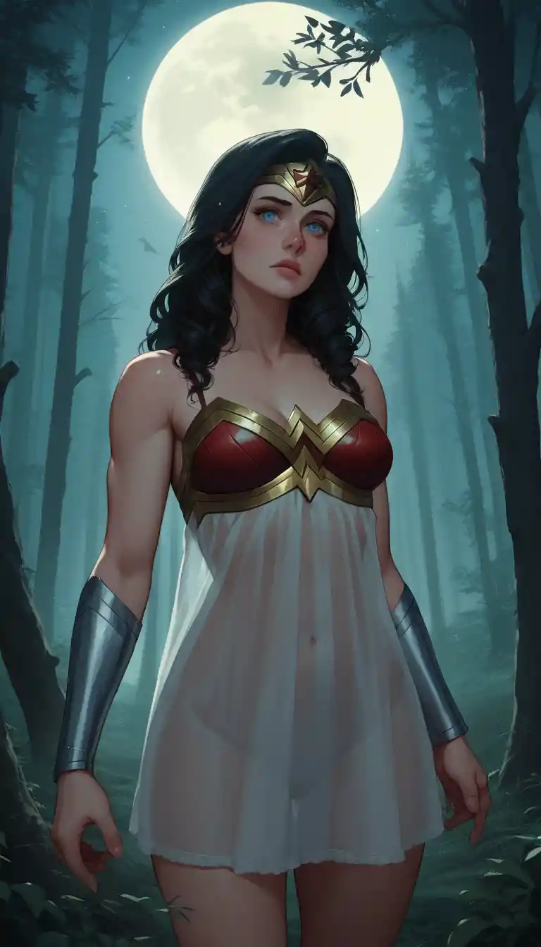 Donna fantasy in stile anime che piange sotto un cielo di foresta illuminato dalla luna