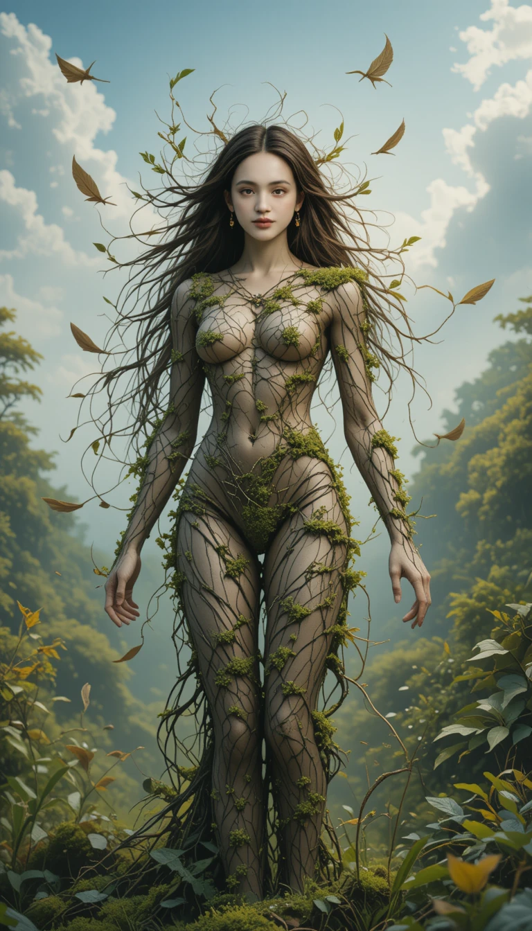 Forest guardian woman fused with bark moss and leaves