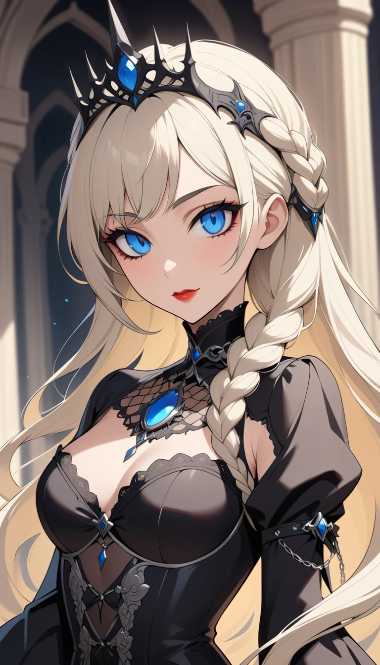 Gothic maiden in corset before a dim stone castle