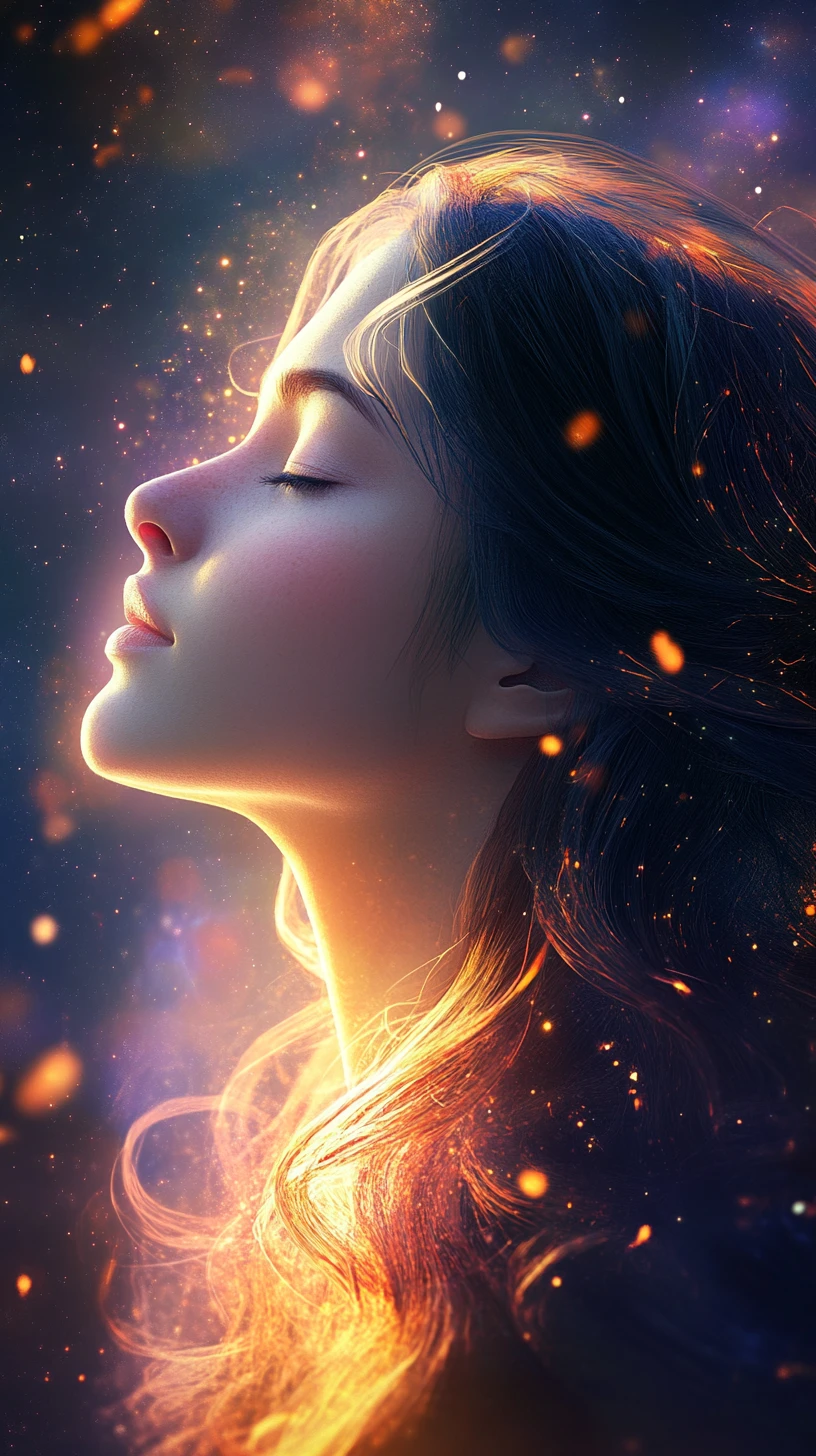 Donna Eterea con Capelli a Nebulosa in Ritratto Cosmico