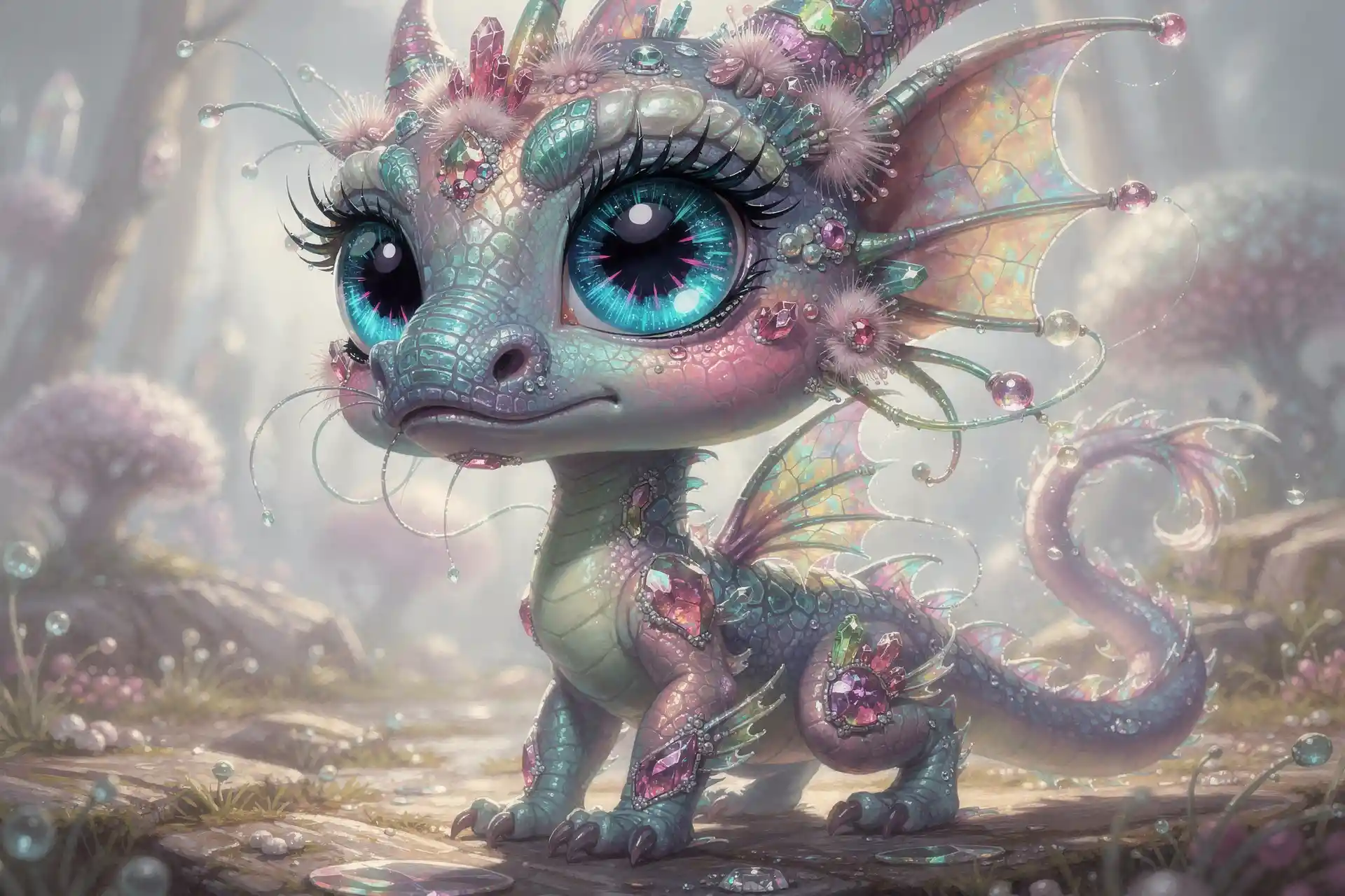 Verspielter Alien-Drache mit leuchtenden Saphirkristall-Augen