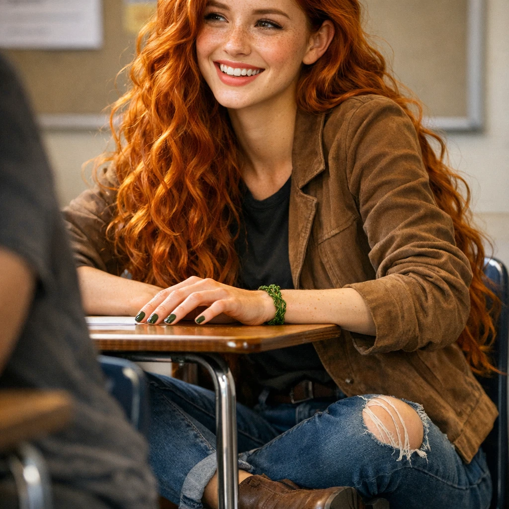 Red haired girl in ripped jeans sitting in class