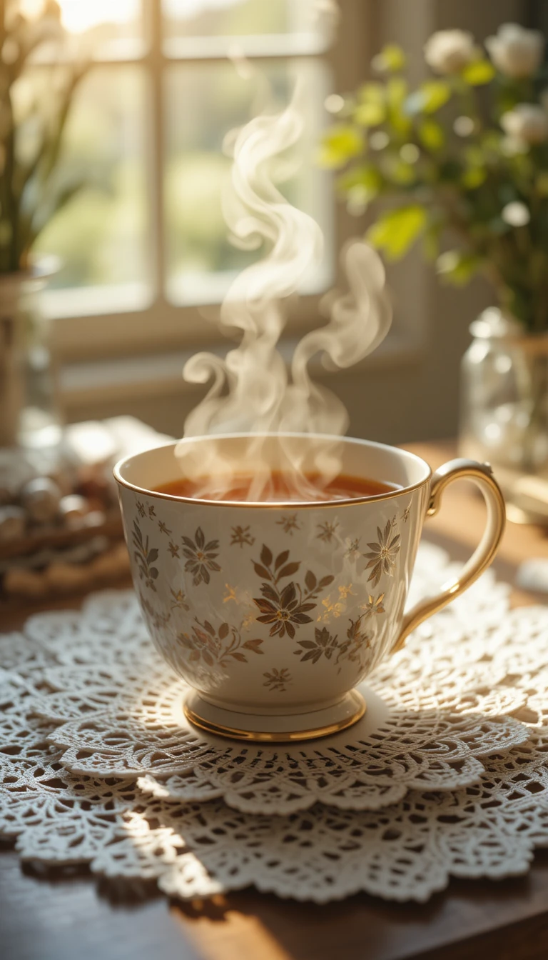 Vintage teacup with herbal infusion in warm window light