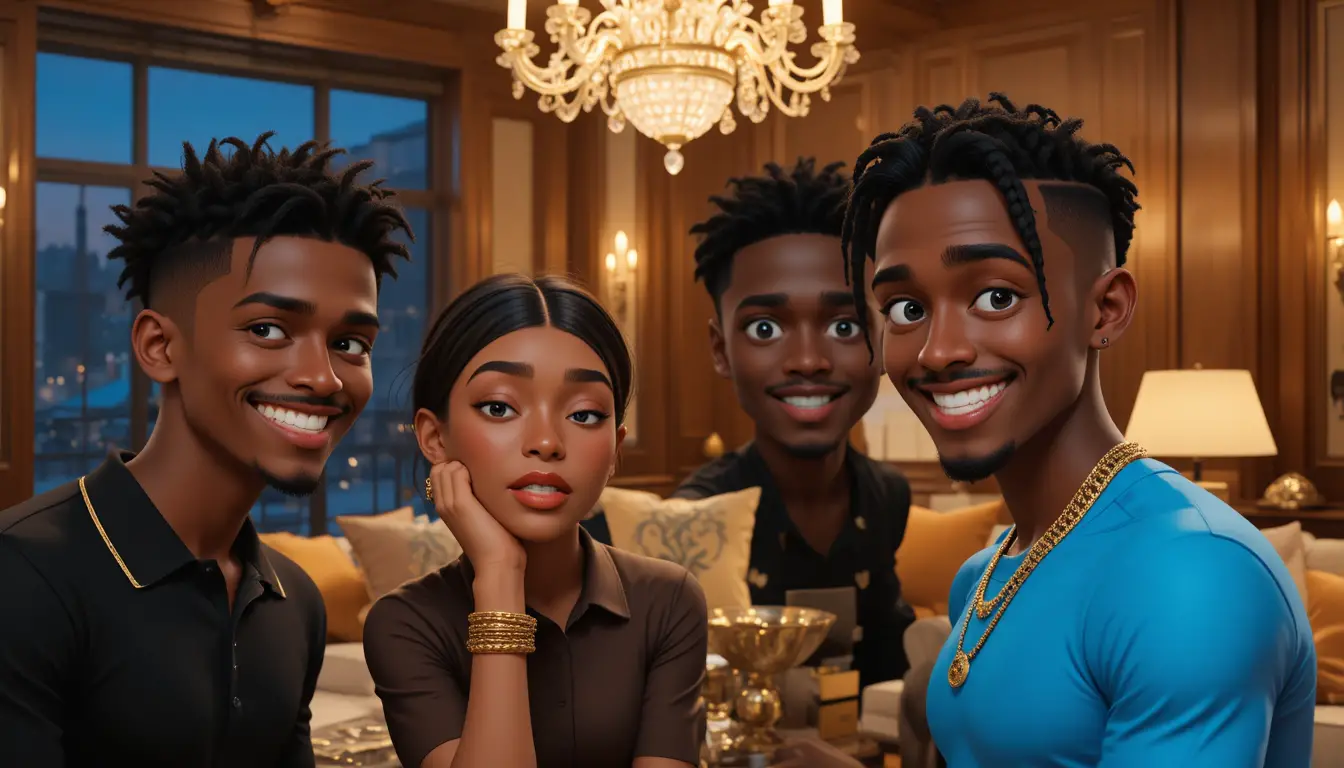 Stylized friends gathering in a luxurious warm lit lounge