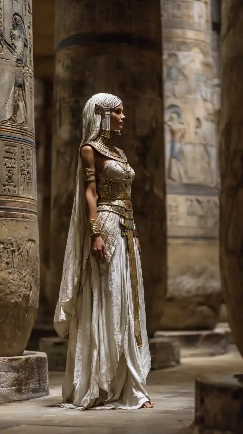 Grande femme fantastique en tenue dorée de temple égyptien