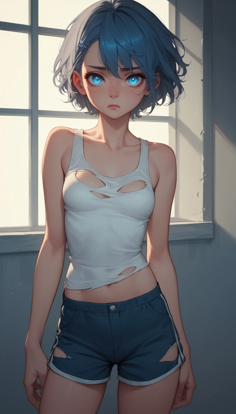 Sad anime schoolgirl in torn clothes in classroom