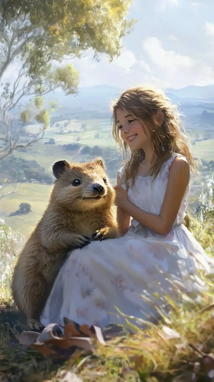 Quokka sorridente e ragazza in una soffice campagna pastello