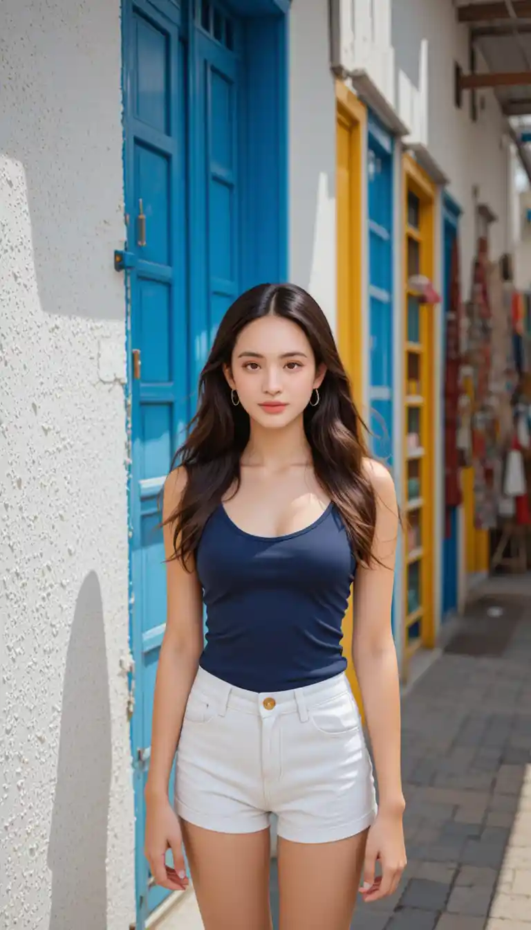 Young woman in summer outfit on colorful market street