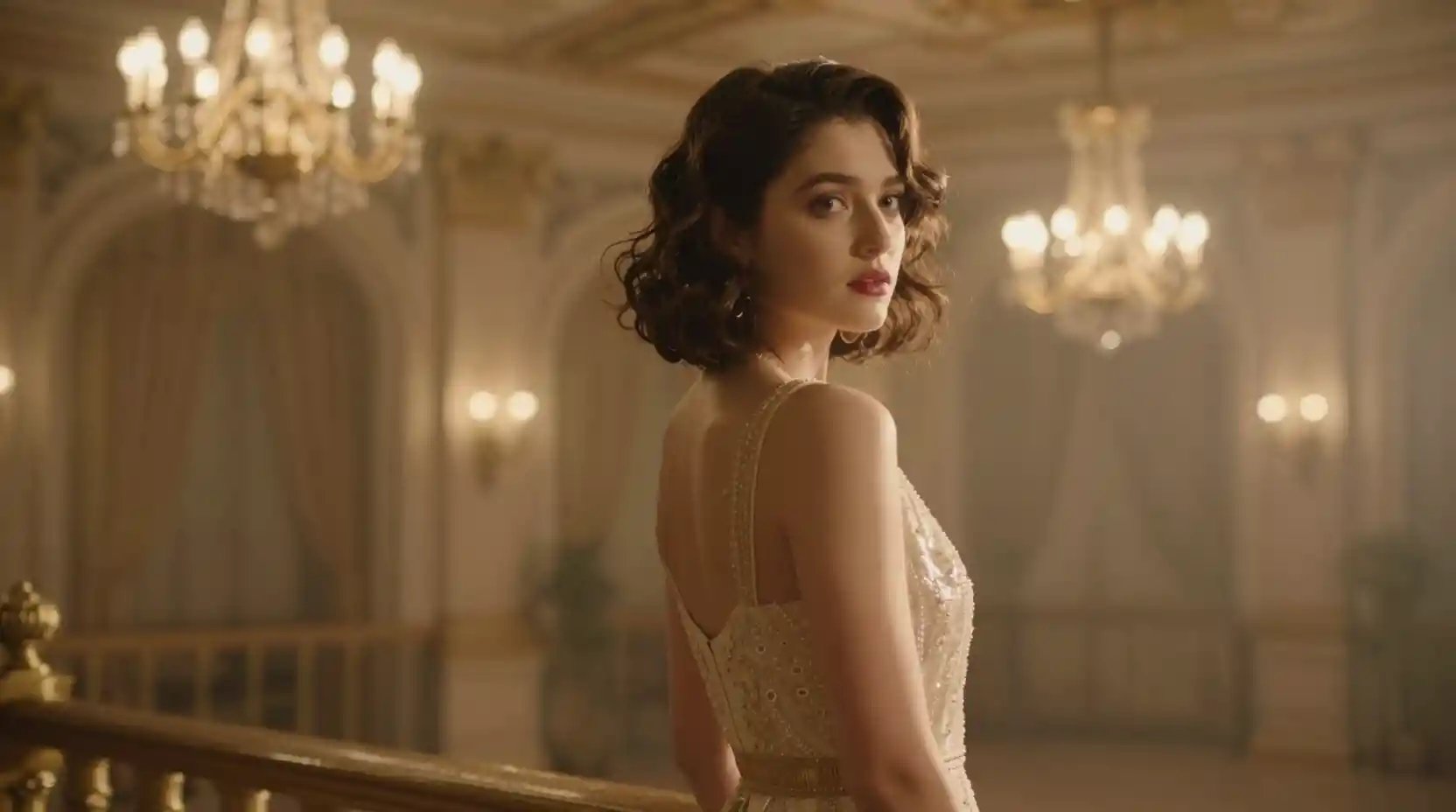 Young woman in a grand 1920s ballroom at golden hour