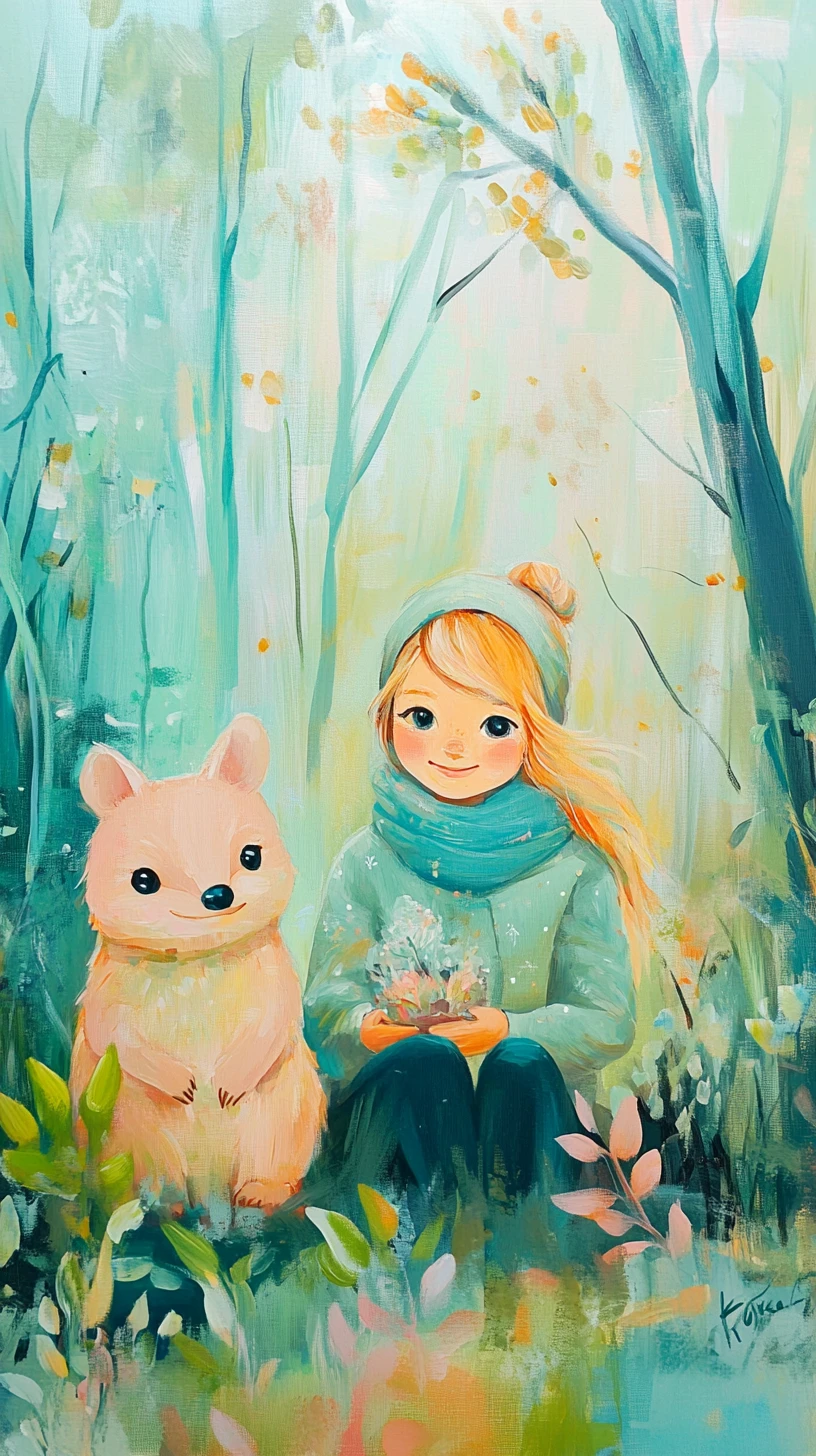 Garota com quokka em uma paisagem aquarela de fantasia em tons pastel