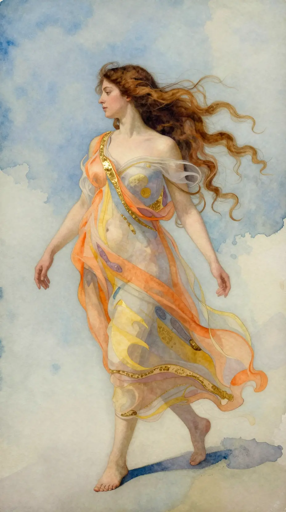 Minimalist watercolor portrait of a swirling haired elegant woman