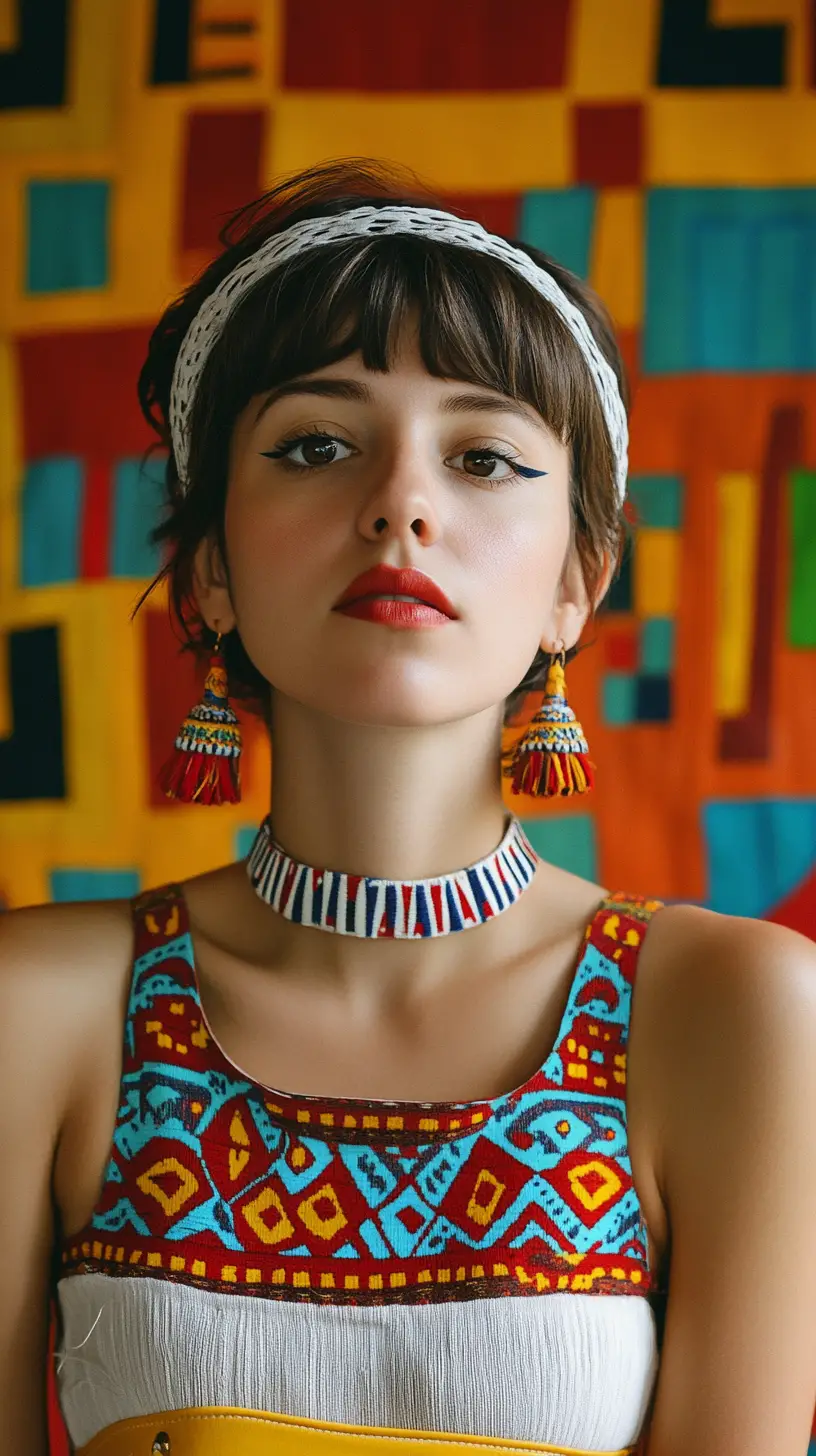 Young woman in patterned dress before colorful geometric wall