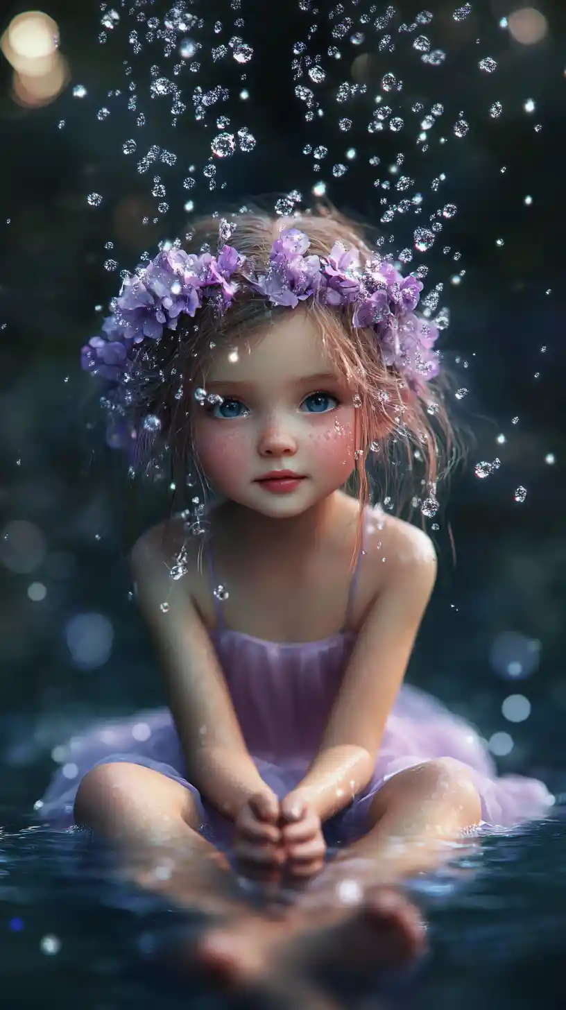 Joyful child catching shimmering water in soft watercolor