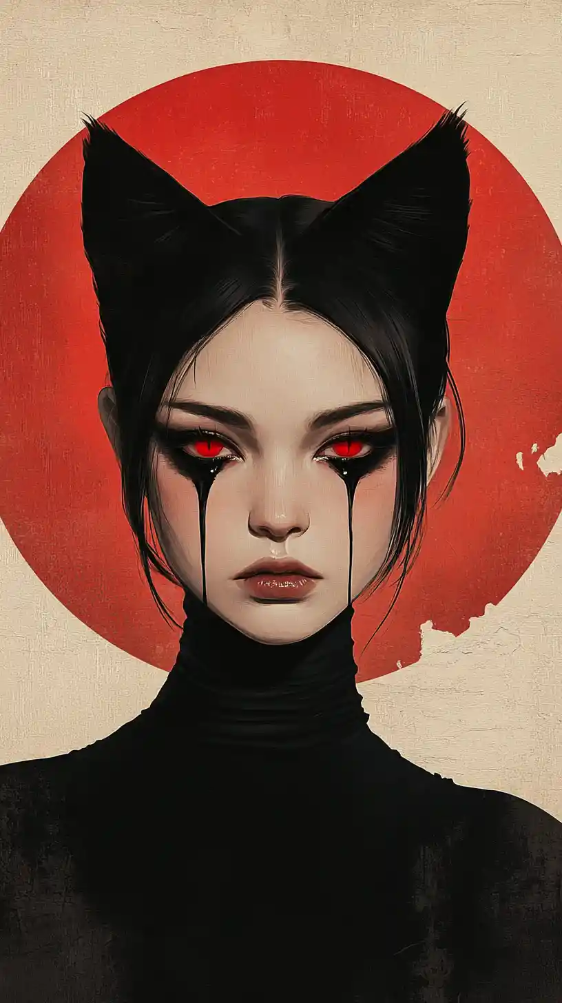 Melancholic woman with cat ears and red sun halo