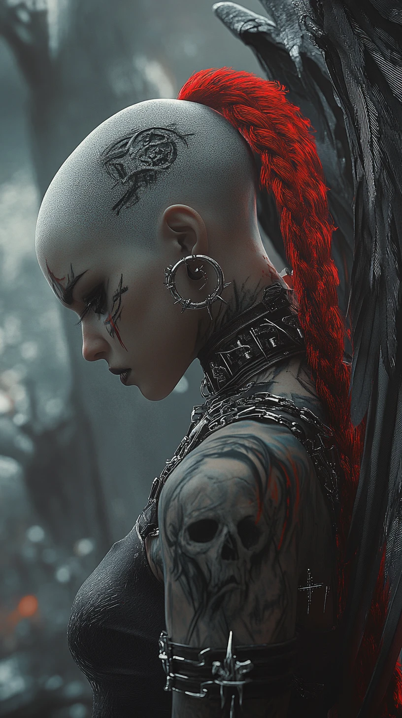 Mujer alada con trenza roja en perfil oscuro y contemplativo
