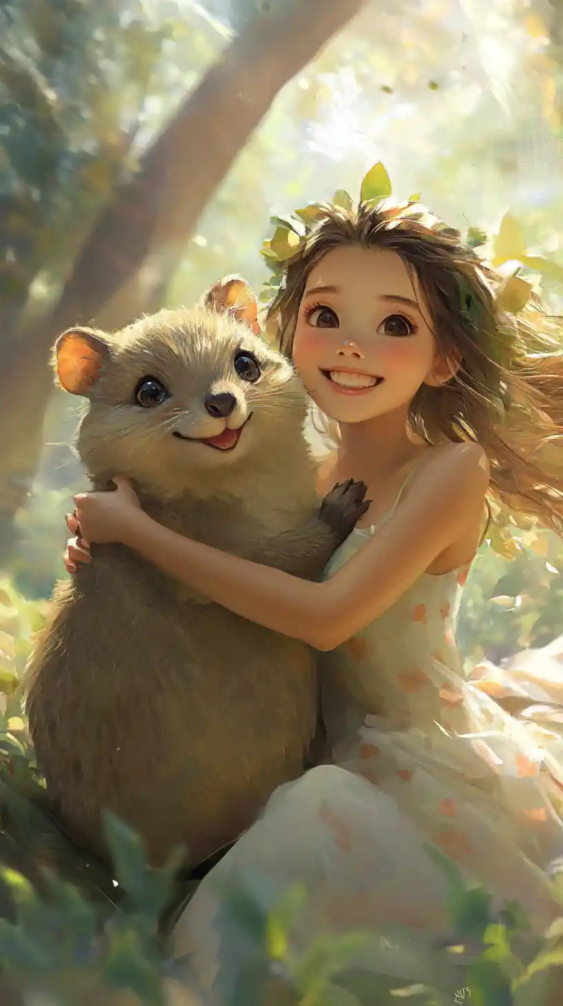 Quokka sorridente e garota em uma suave paisagem de inverno em tons pastéis