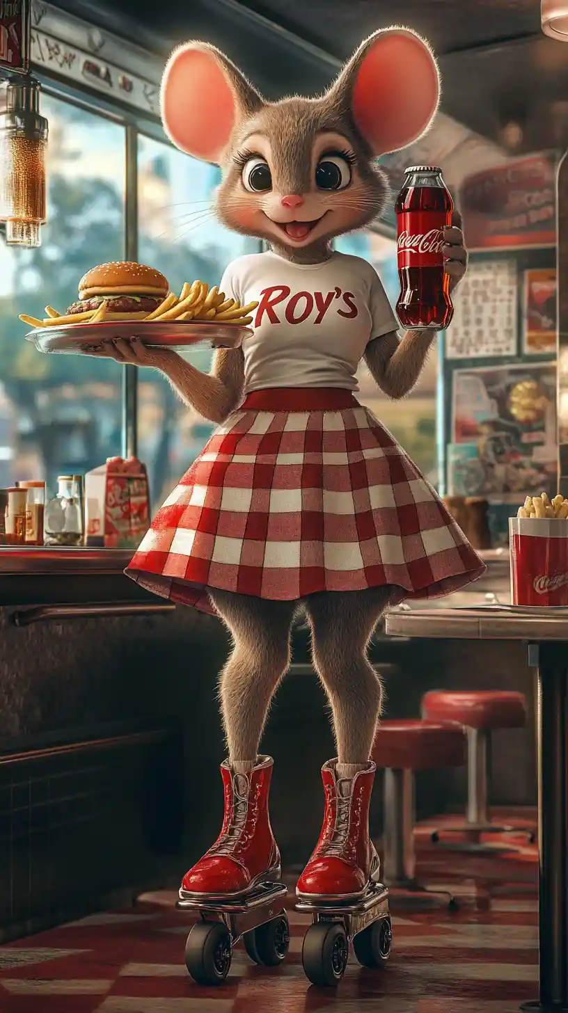 Fröhliche Mäuse-Kellnerin auf Rollschuhen im Retro-Diner