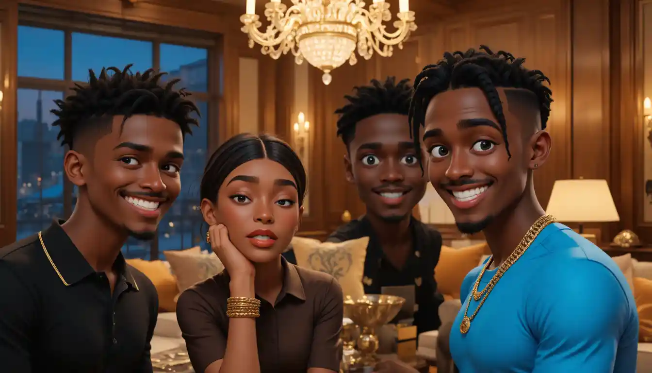Stylized friends gathering in a luxurious warm lit lounge