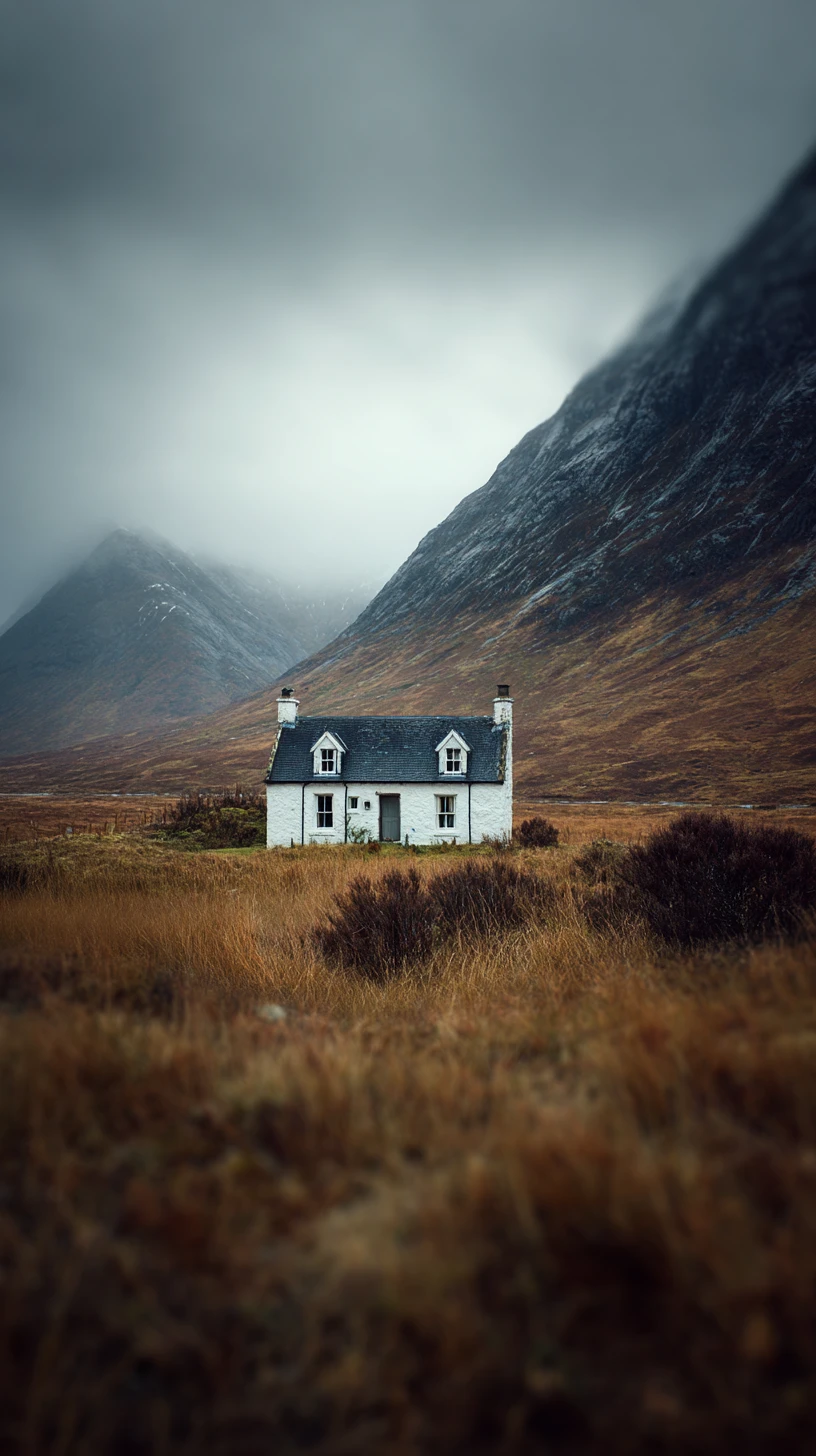 Whitewashed Scottish house in a remote mountain field