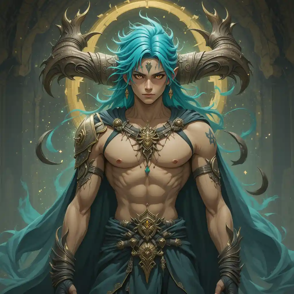 Middle aged fantasy god of death with turquoise hair
