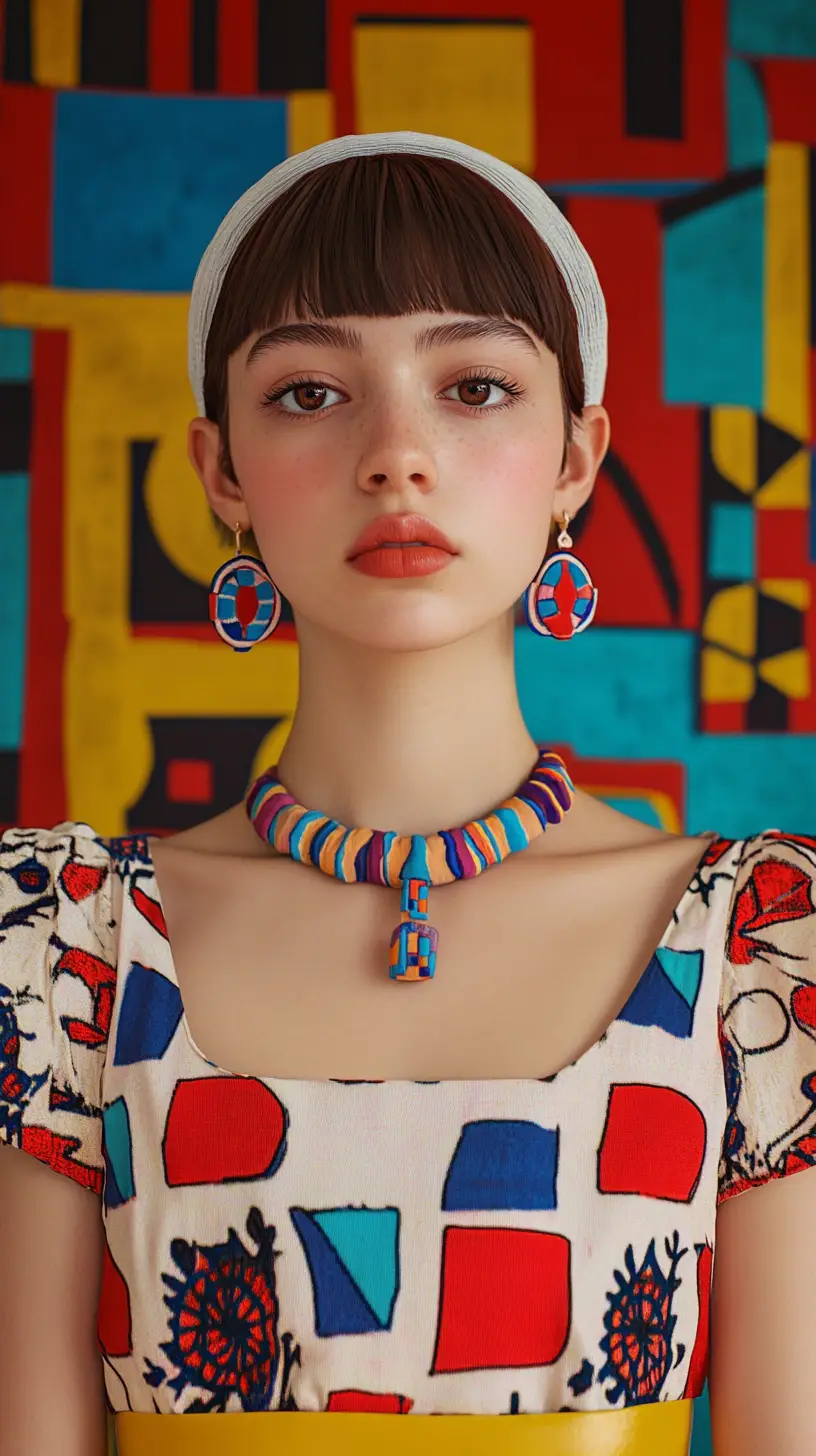 Young woman in colorful patterned dress and jewelry