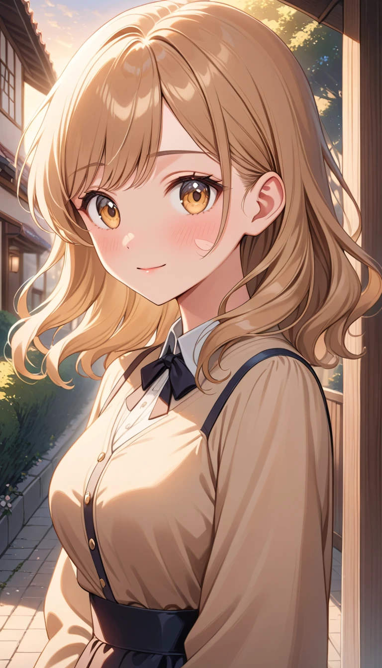Shy anime woman at dawn with gentle warm smile