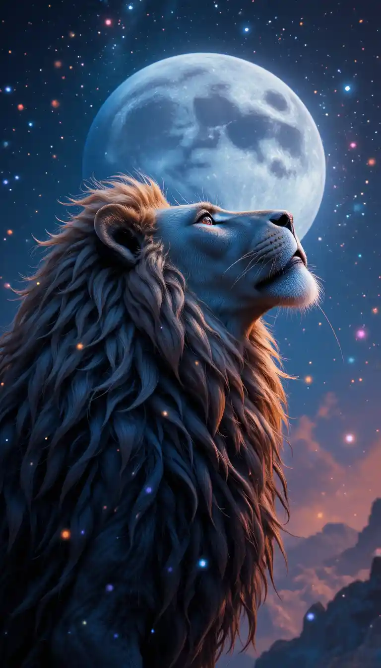 León majestuoso mirando hacia arriba bajo un cielo iluminado por la luna