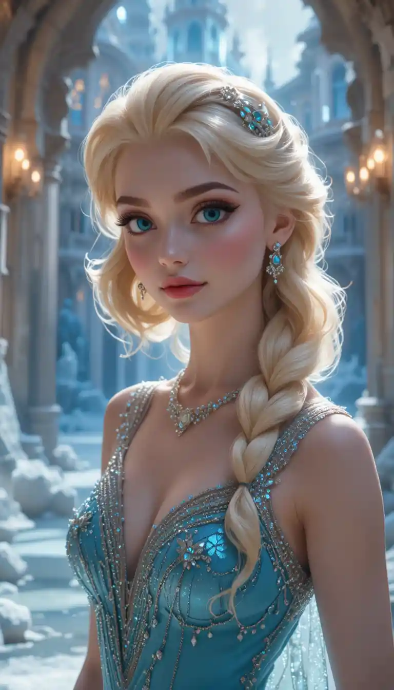 Glamorous Ice Princess Before A Shimmering Frozen Palace