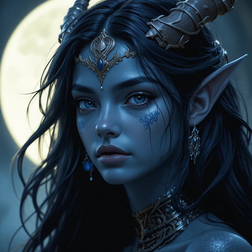 Blue skinned night goddess with silver eyes in darkness